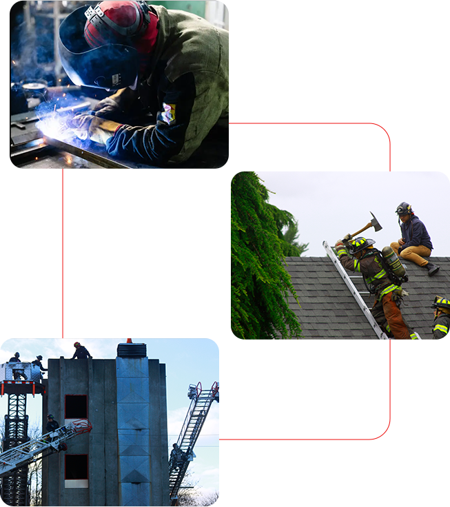 A collage of photos with various workers working on the roof.