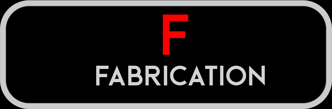 A black and white picture of the word f fabricated.