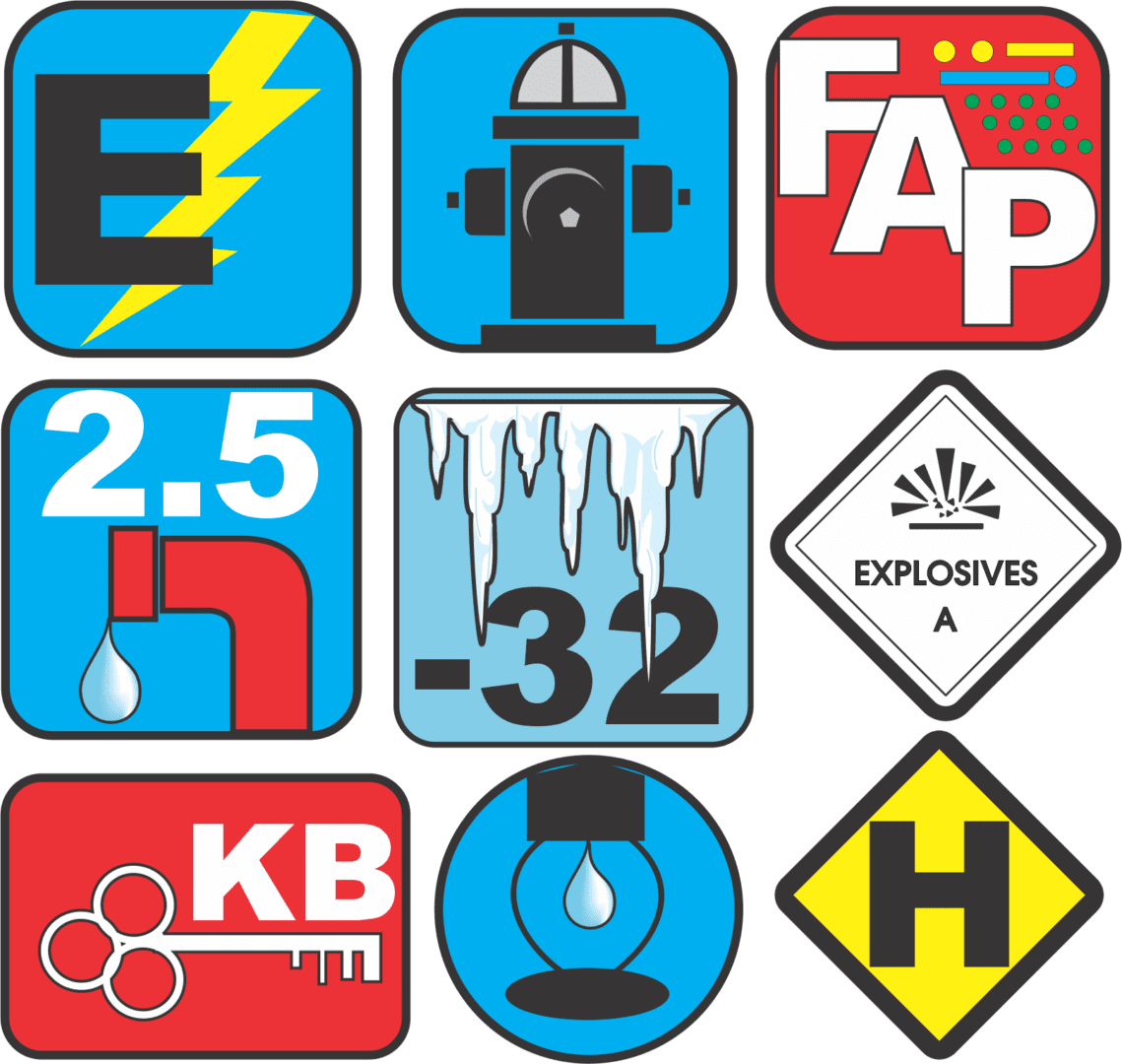 A series of nine different icons with various symbols.