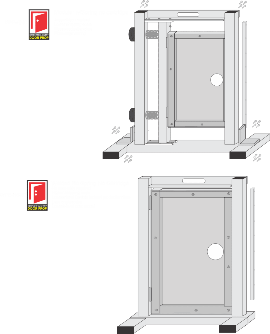 A green background with two white doors and a red light.