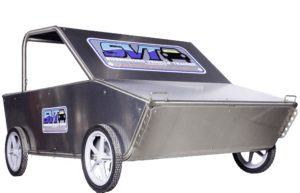 A car shaped metal box with wheels on it.