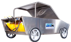 A small cart with wheels and a yellow handle.