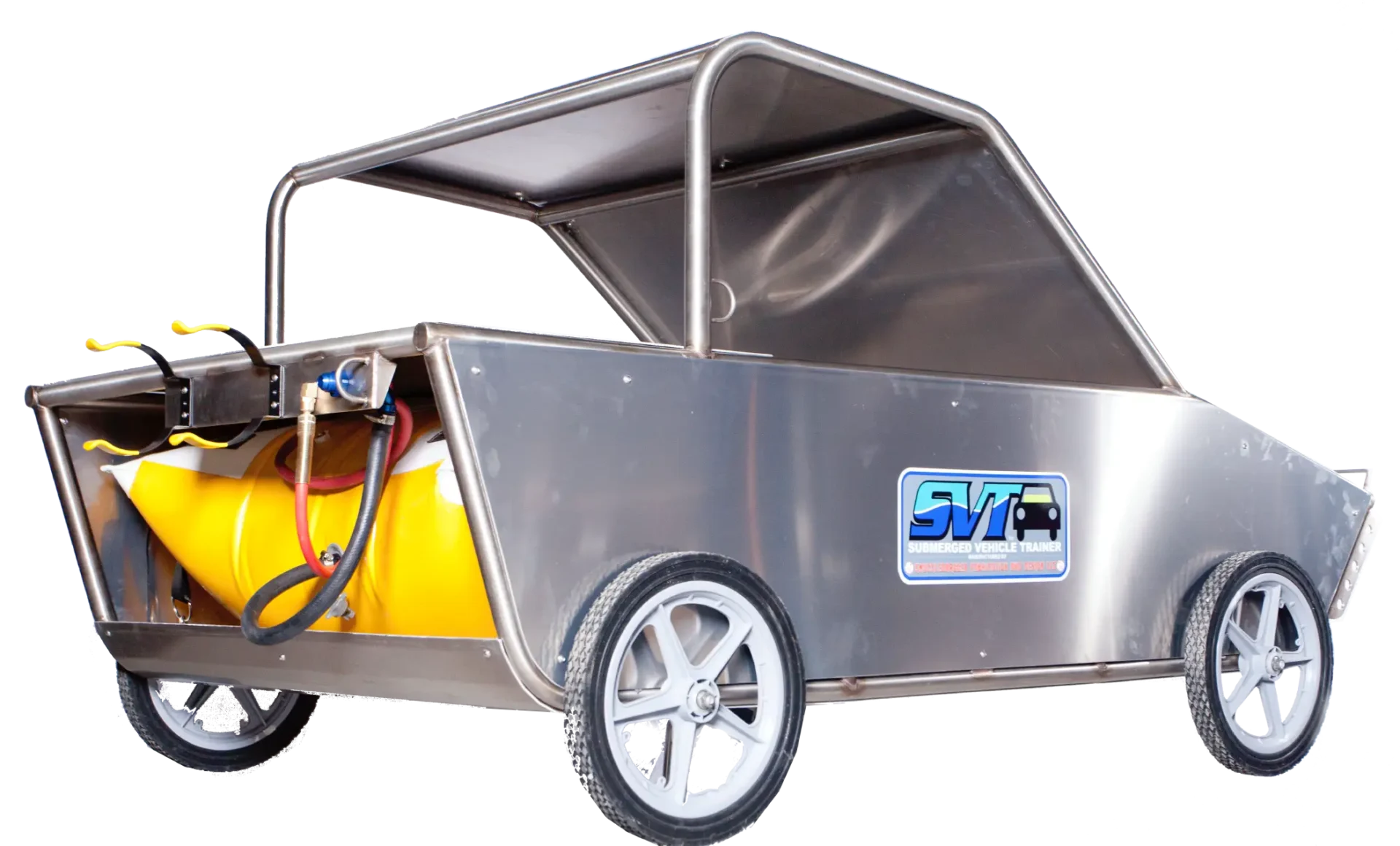 A small cart with wheels and a yellow handle.